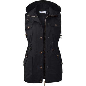 Women's Utility Vest Drawstring Waist Military Sleeveless Jacket, Black